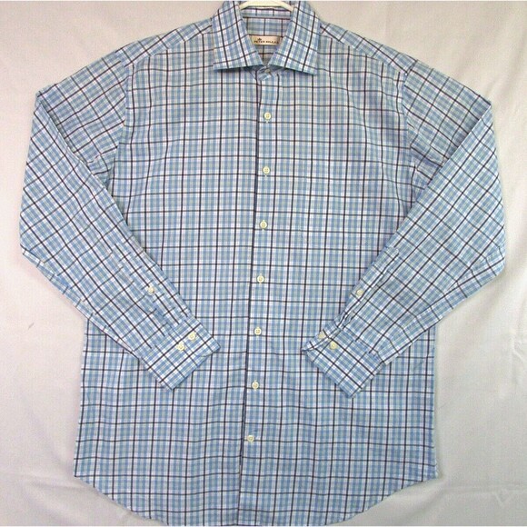 Peter Millar Men's Button Down Long Sleeve Blue Plaid Cotton Large Dress Shirt - Picture 1 of 14